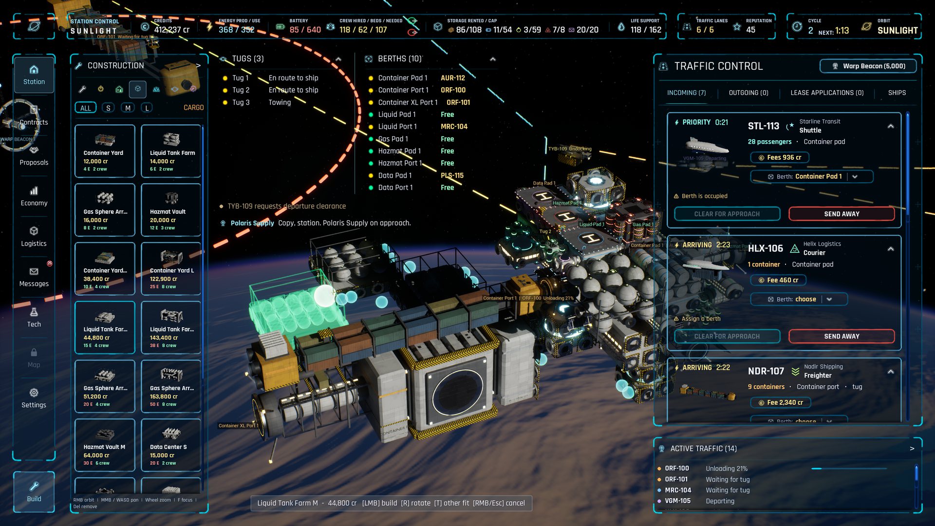 Station construction interface showing a new module placement