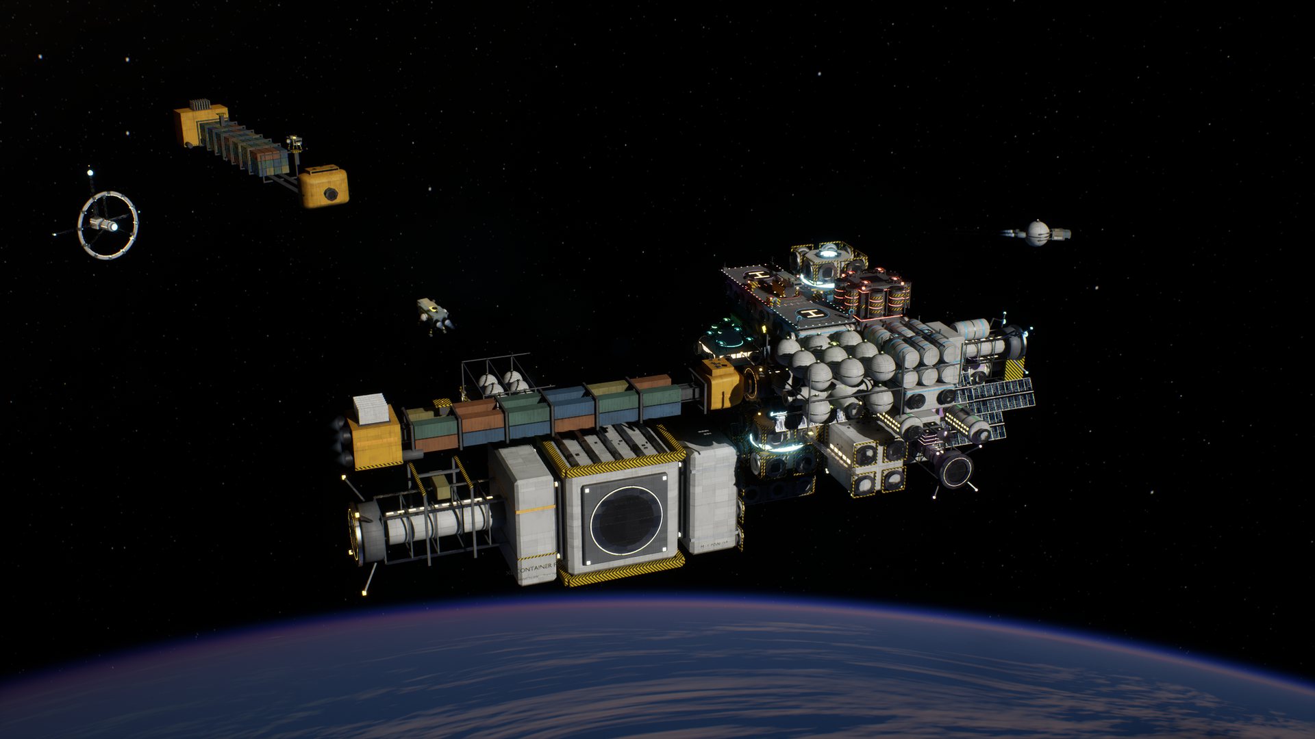 A sprawling orbital trade station with cargo ships nearby